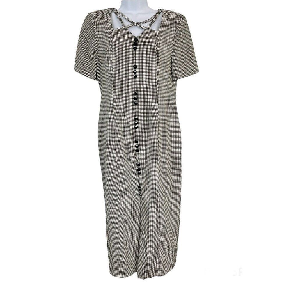 Vintage 90s Midi Dress Womens 10 Black White Check Shoulder Pads Rayon Tie Back
